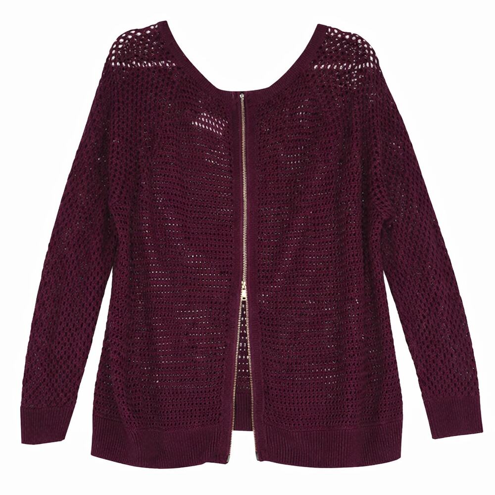 Soho Jeans Sheer Sweater Womens Size XL Maroon Zip Back Open Knit Boho Beachy